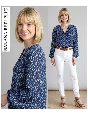 (3 for $30) BANANA REPUBLIC - Navy and white Ikat print lightweight blouse